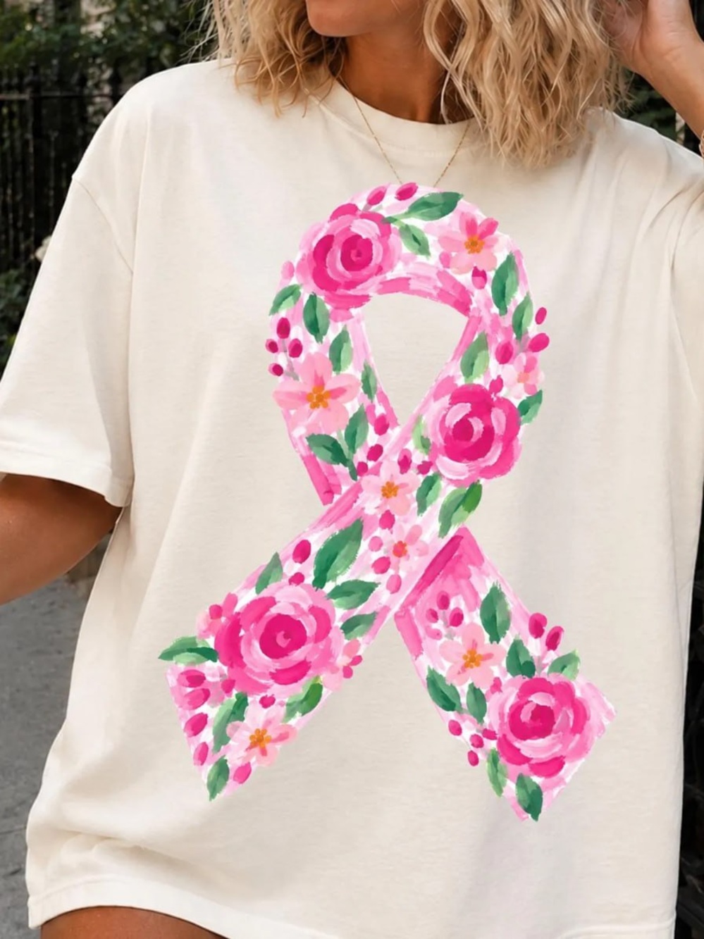 Comfort Colors Ivory Tee with Pink Floral Ribbon Graphic